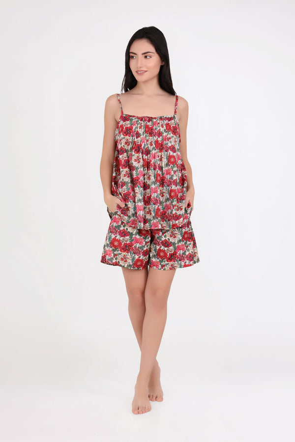 NIGHTIE - SQUARE NECK - RED & PINK FLORAL - TILLY