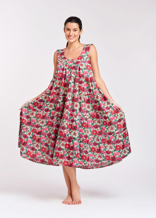 DRESS - TIERED - RED & PINK FLORAL - SOPHIE