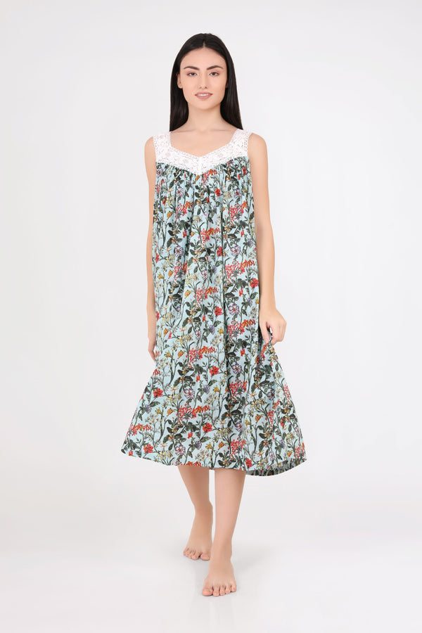 NIGHTIE - V NECK - GREEN FLORAL - SOPHIE