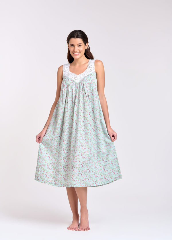 NIGHTIE - V NECK - PINK FLORAL ON PALE GREEN