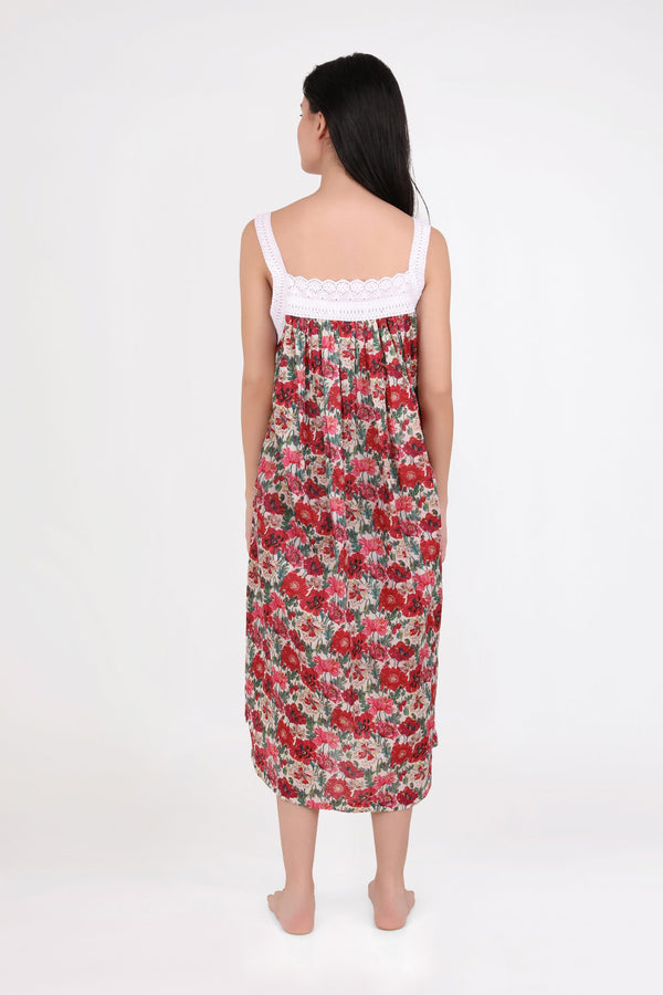 NIGHTIE - SQUARE NECK - RED & PINK FLORAL - TILLY