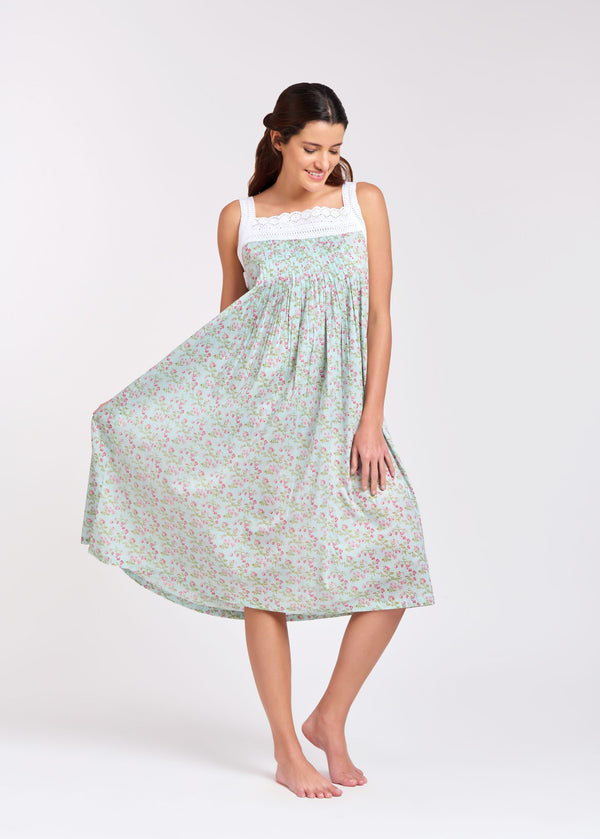 NIGHTIE - V NECK - PINK FLORAL ON PALE GREEN