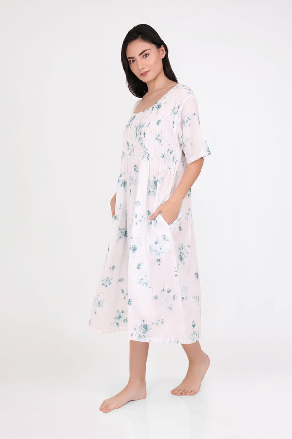 NIGHTIE - TEAL FLORAL WITH SHIRRED BODICE