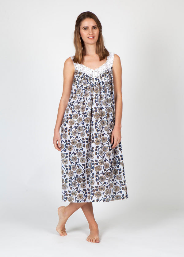 NIGHTIE - V NECK - BLUE & BROWN FLORAL - TILLY