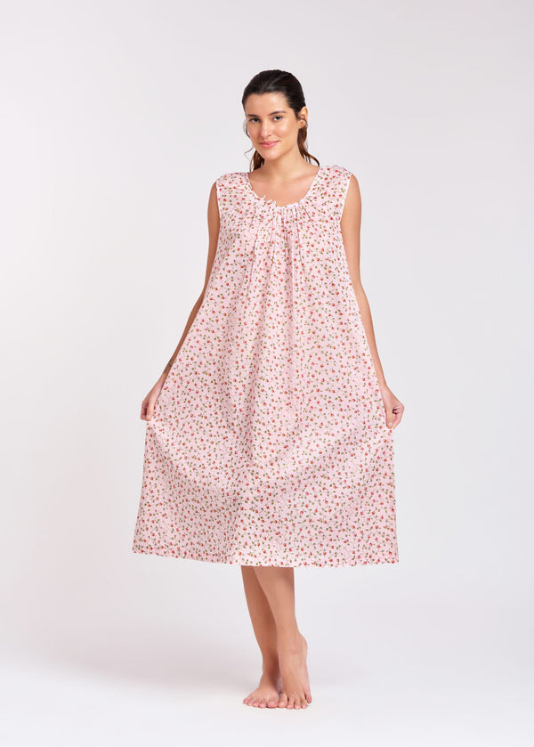 NIGHTIE - CAP SLEEVES - PALE PINK WITH RED ROSES - TILLY