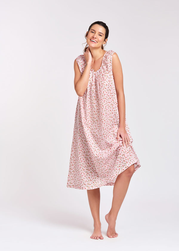 NIGHTIE - CAP SLEEVES - PALE PINK WITH RED ROSES - TILLY