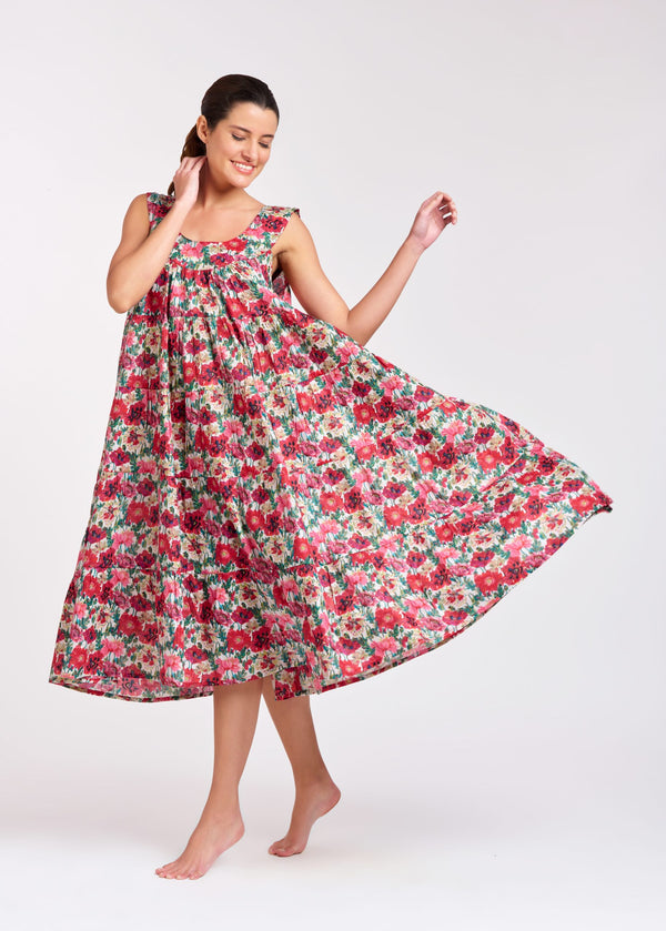 SWING DRESS - TIERED - RED & PINK FLORAL - SOPHIE