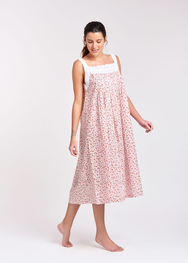 NIGHTIE - SQUARE NECK - PINK BACKGROUND WITH RED ROSES - TILLY