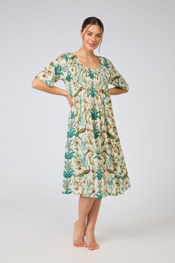 NIGHTIE - PEACOCKS - SHIRRED BODICE & SHORT SLEEVES