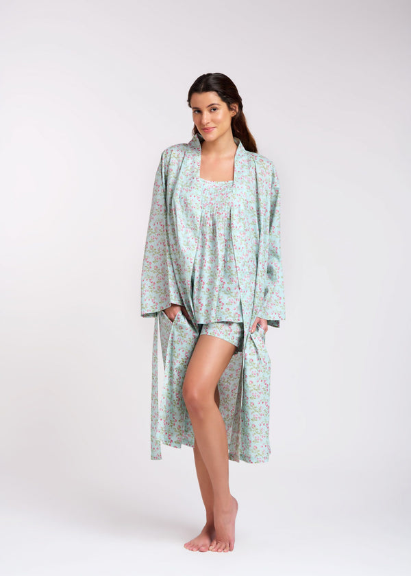 PYJAMA SET - PINK FLORAL ON PALE GREEN - SHORTIE PJS