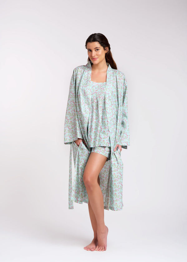 NIGHTIE - SQUARE NECK - PINK FLORAL ON PALE GREEN - TILLY