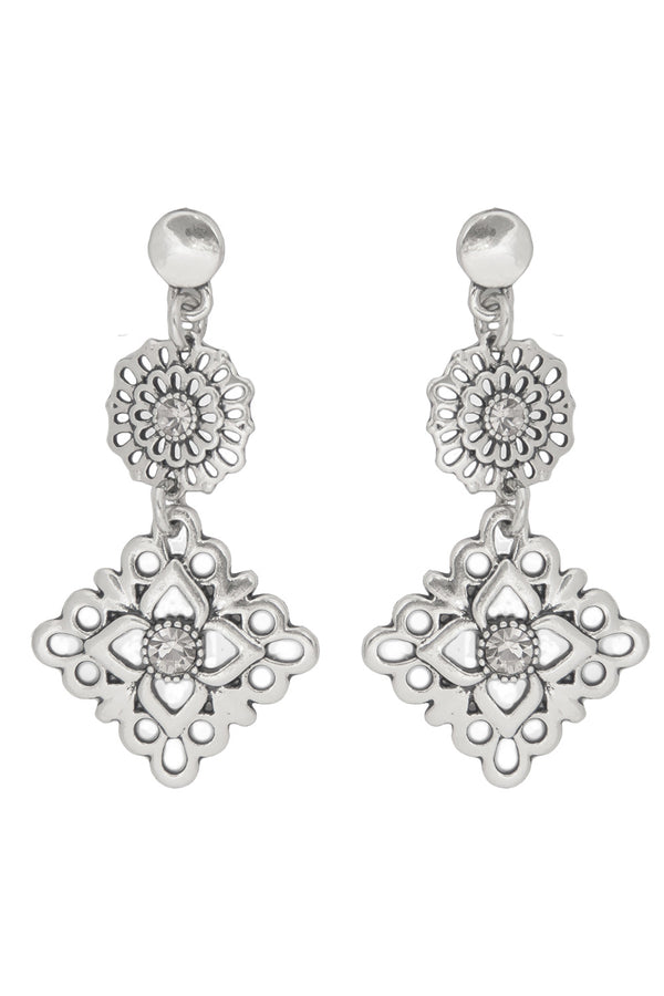NECKLACE & EARRINGS SET - ROUND & SQUARE SILVER FILIGREE PENDANTS & MATCHING EARRINGS