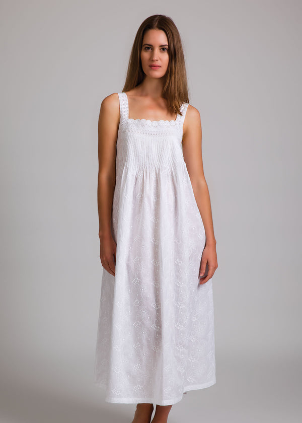 NIGHTIE - WHITE WITH SELF EMBROIDERY