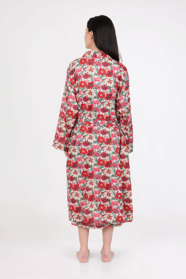ROBE - RED & PINK FLORAL ON CREAM BACKGROUND