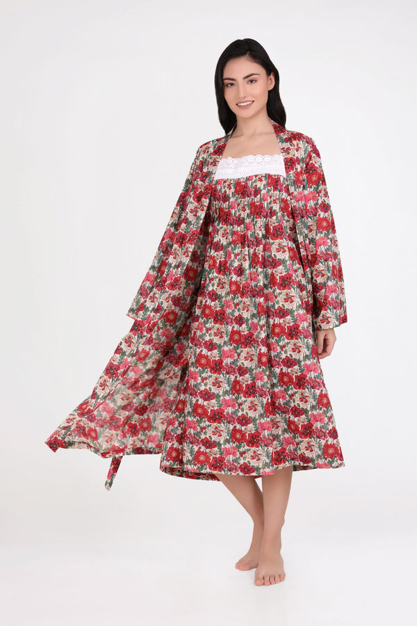 ROBE - RED & PINK FLORAL ON CREAM BACKGROUND