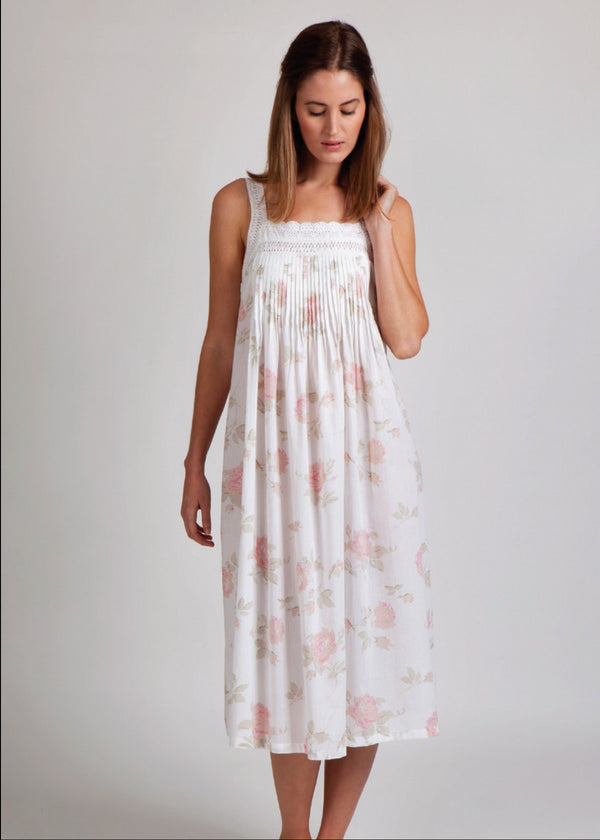 NIGHTIE - SHOULDER BUTTONS - PALE PINK FLORAL - GRACE