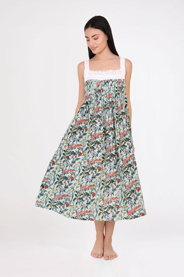 NIGHTIE - SQUARE NECK - GREEN FLORAL - TILLY