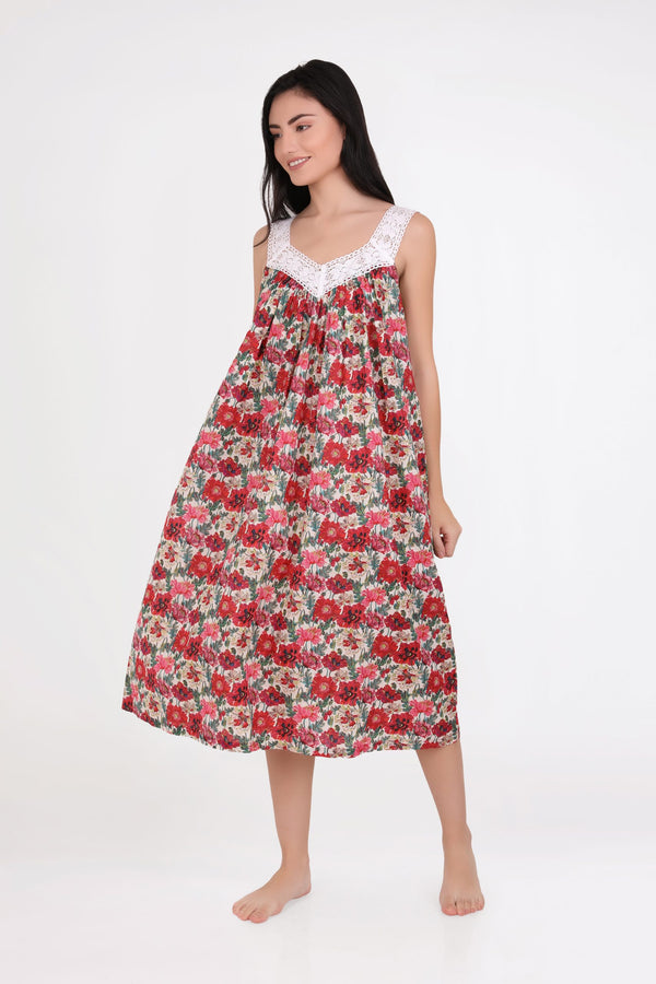 NIGHTIE - V NECK - RED & PINK FLORAL - SOPHIE