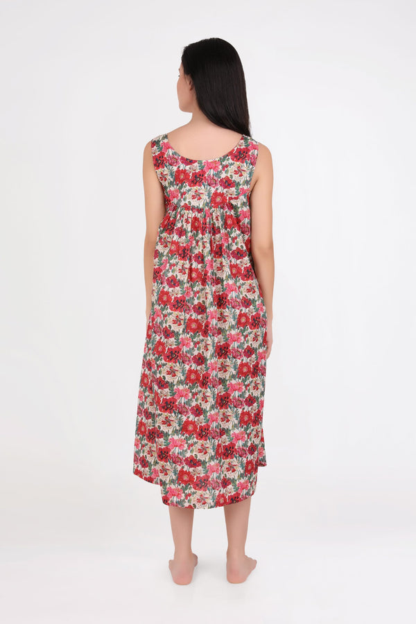 NIGHTIE - V NECK - RED & PINK FLORAL - SOPHIE