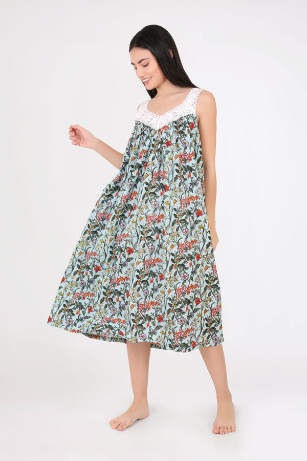 NIGHTIE - V NECK - GREEN FLORAL - SOPHIE