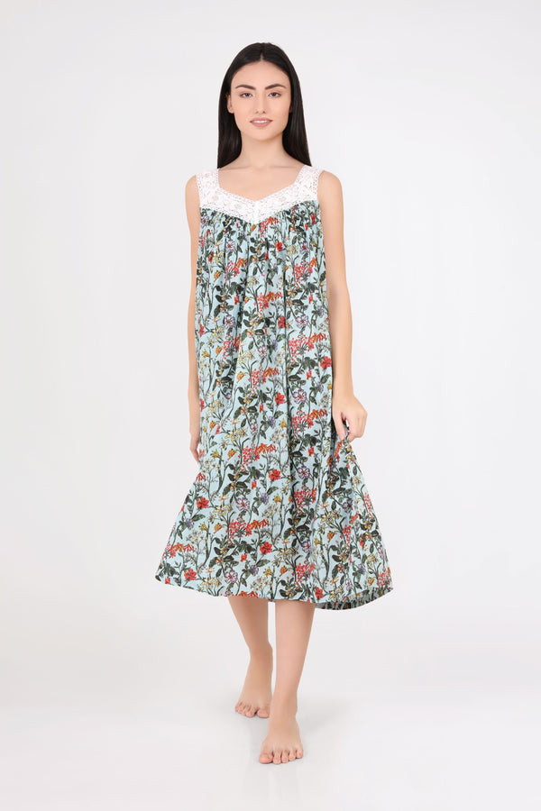 NIGHTIE - SQUARE NECK - GREEN FLORAL - TILLY