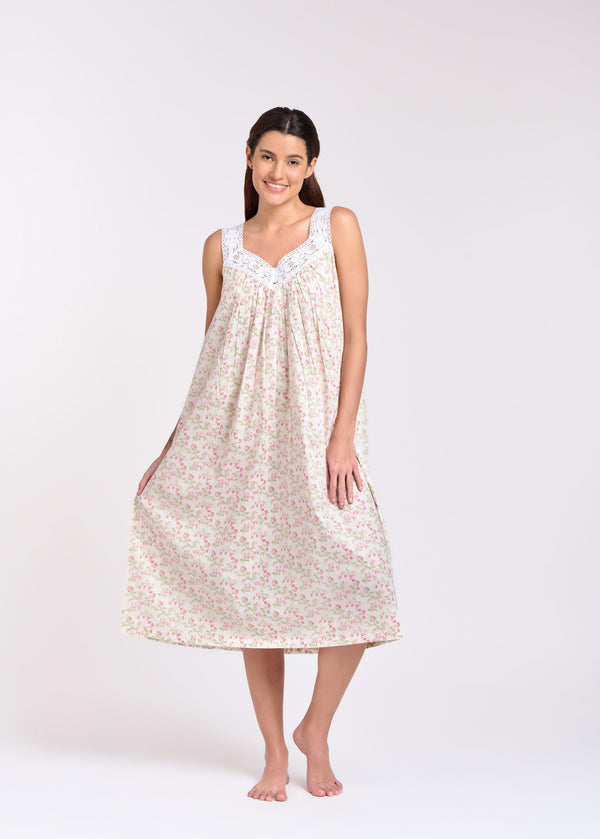 NIGHTIE - V NECK - WHITE WITH PINK FLOWERS - SOPHIE