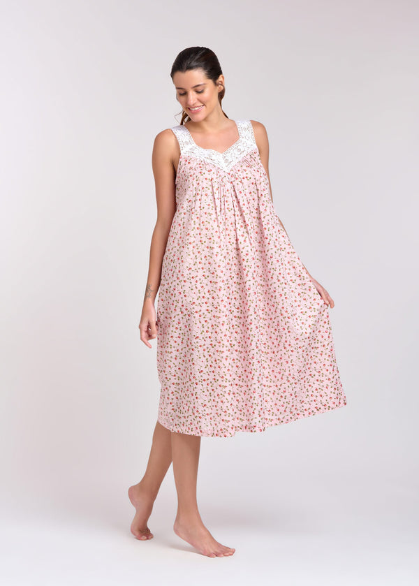 NIGHTIE - V NECK - PINK WITH RED ROSES - SOPHIE