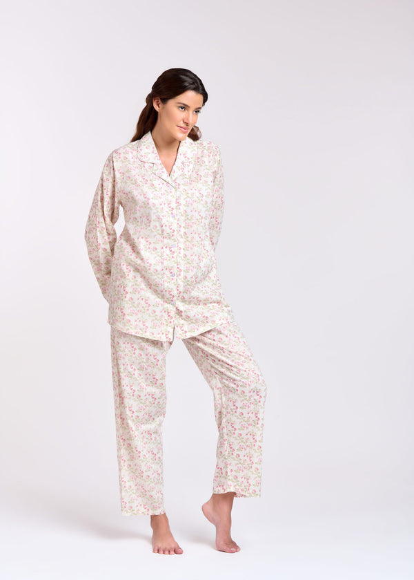 PYJAMA SET - LONG SLEEVES - WHITE WITH PINK FLOWERS