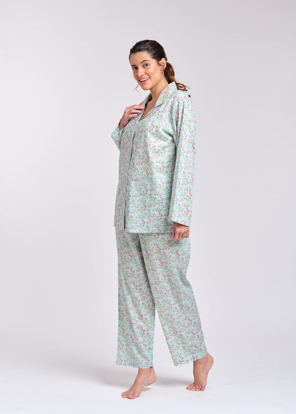 PYJAMA SET - LONG SLEEVES - PINK FLORAL ON PALE GREEN