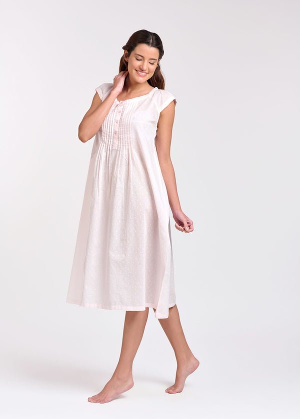 NIGHTIE - CAP SLEEVES - PASTEL PINK HAIL SPOT - 4 BUTTONS - TILLY