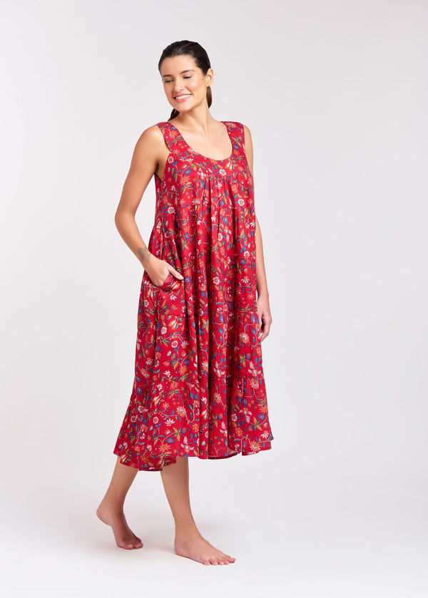 SWING DRESS - TIERED - RED FLORAL - TILLY