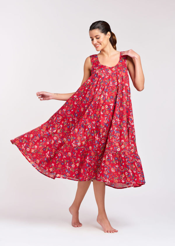 SWING DRESS - TIERED - RED FLORAL - TILLY