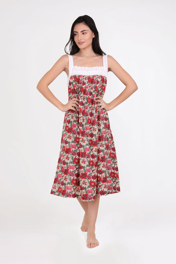 NIGHTIE - SQUARE NECK - RED & PINK FLORAL - TILLY