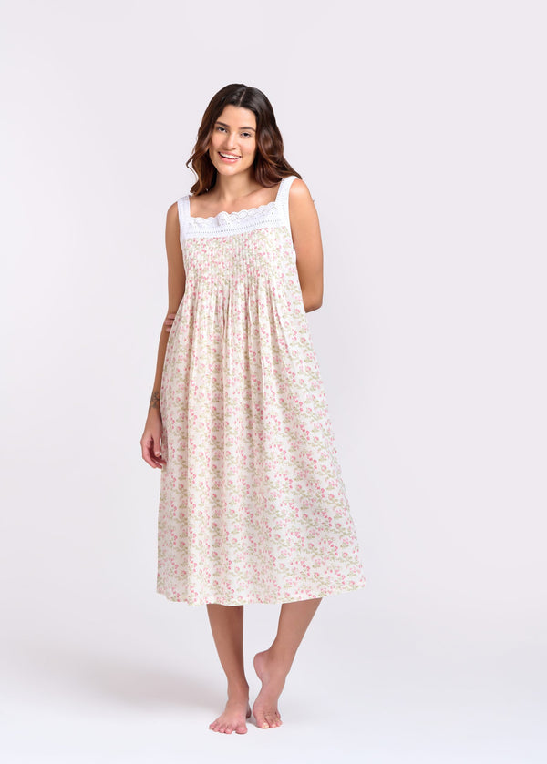 NIGHTIE - V NECK - WHITE WITH PINK FLOWERS - SOPHIE