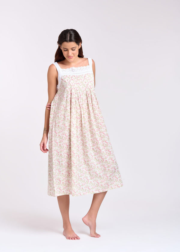 NIGHTIE - SQUARE NECK - WHITE WITH PINK FLOWERS - TILLY