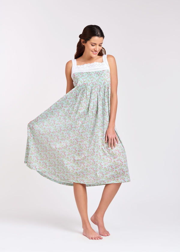 NIGHTIE - SQUARE NECK - PINK FLORAL ON PALE GREEN - TILLY