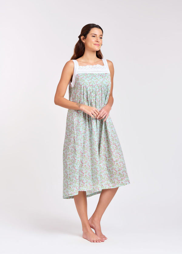 NIGHTIE - SQUARE NECK - PINK FLORAL ON PALE GREEN - TILLY